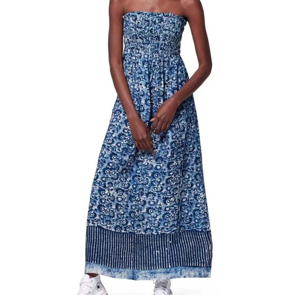 Faherty Blue Floral Strapless Maxi Dress